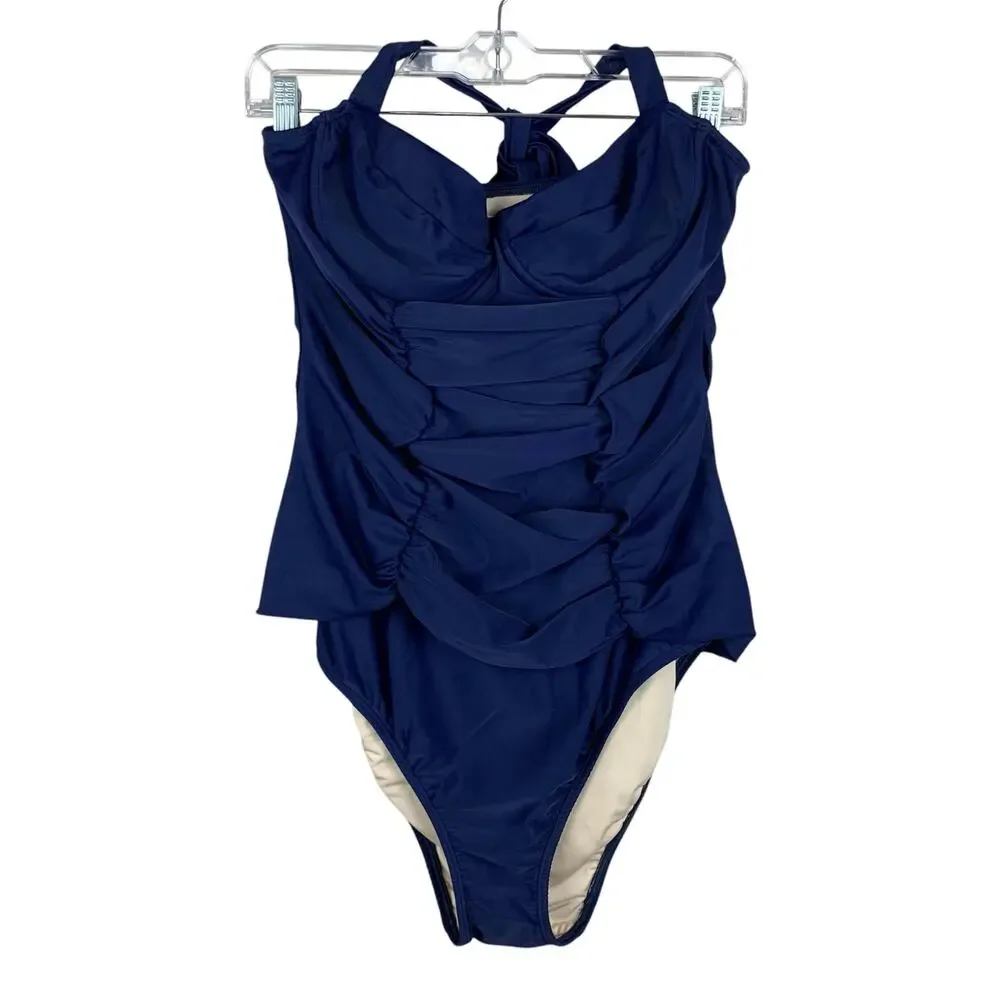 New Shoshanna Swimsuit One Piece Blue Halter Neck Ruched Underwire Women's L D
